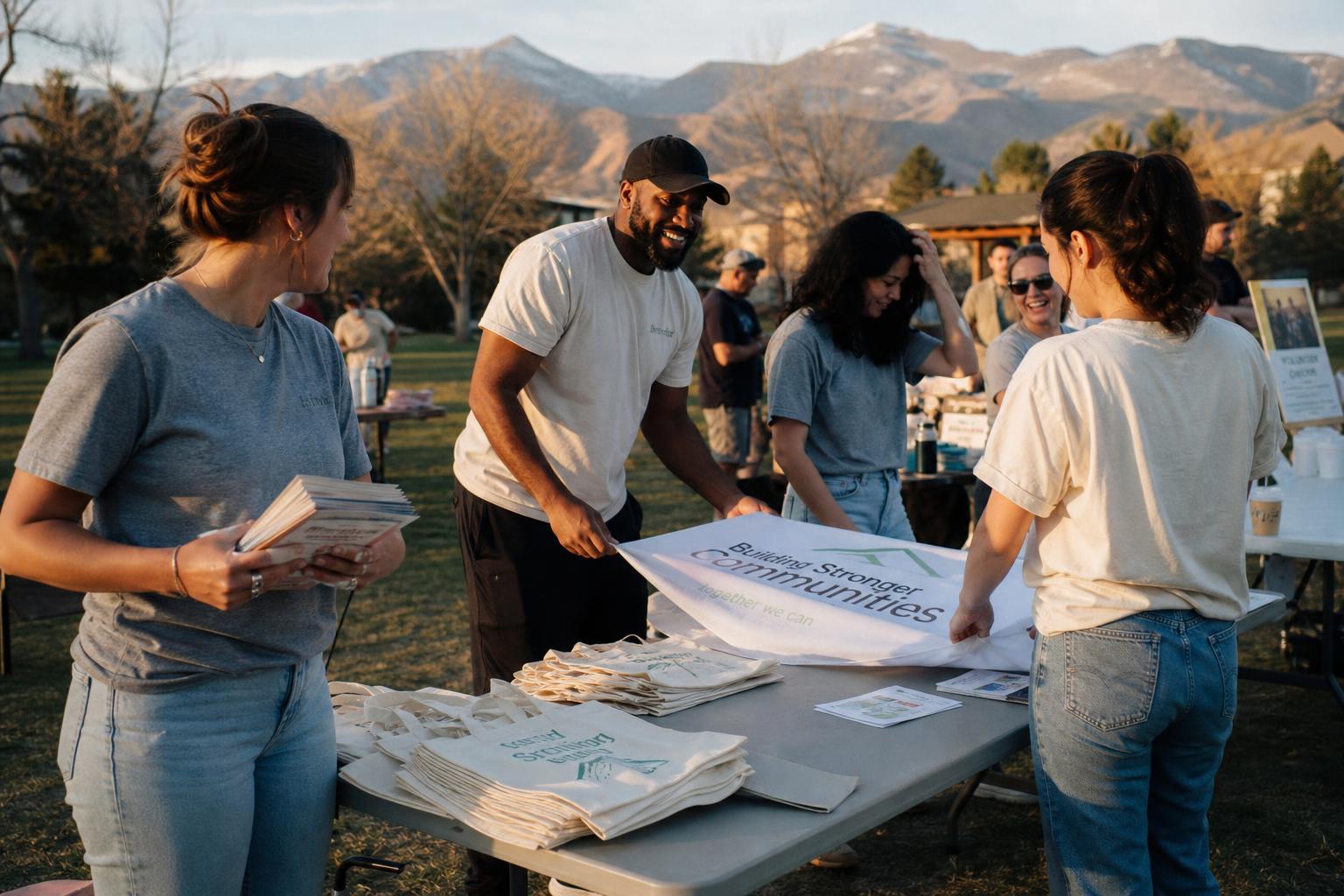 Volunteers in custom-printed shirts at a local Colorado charity event