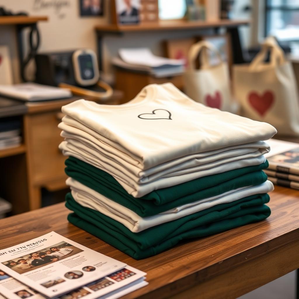 Stack of folded charity event t-shirts with a simple heart mark on a print shop workbench