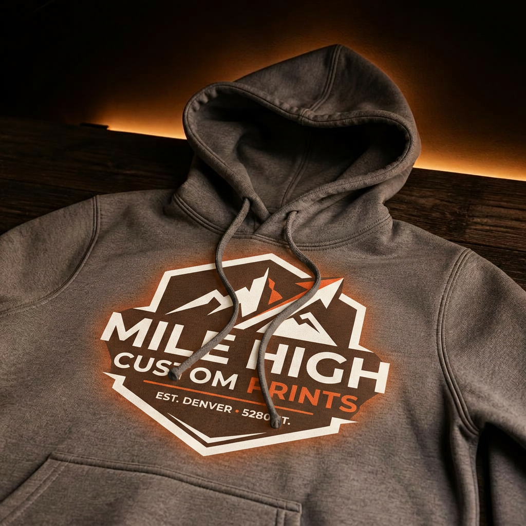 Heather charcoal hoodie screen-printed with the Mile High Custom Prints hexagon badge, warm amber rim light on dark wood