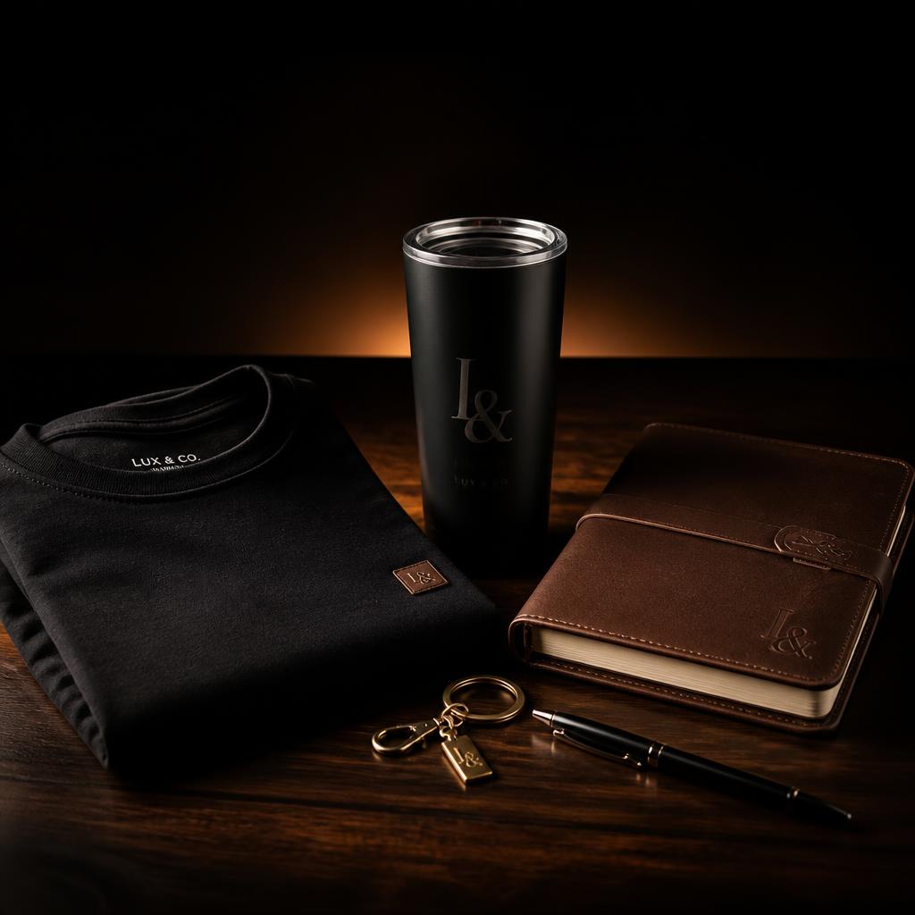 Custom corporate gift set in Denver, CO — personalized tee, laser-engraved tumbler, UV-printed keychain, pen, and leather diary