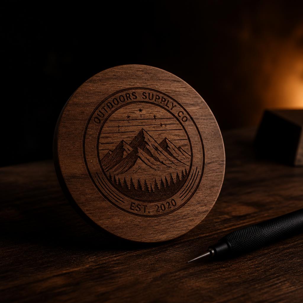 Laser engraver etching a detailed monthly newsletter graphic into wood