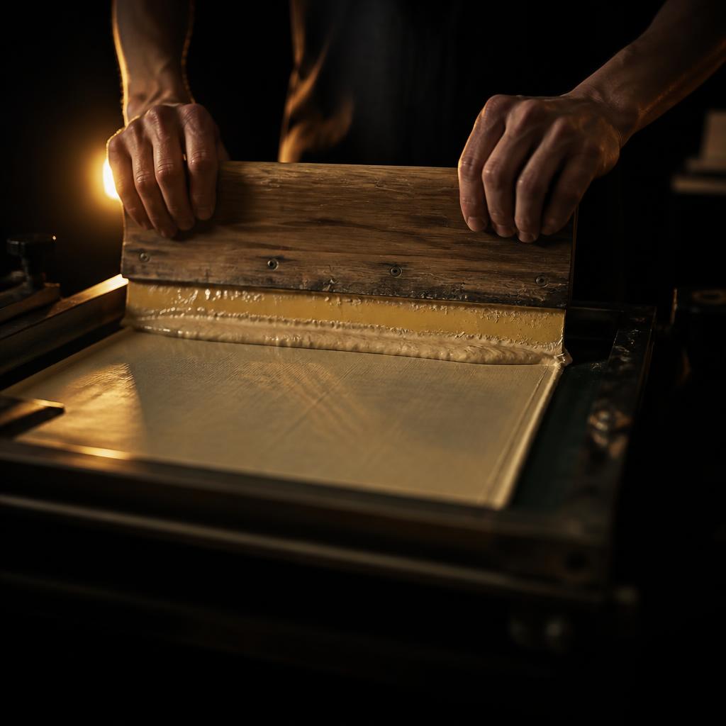 Screen printing in Denver & Littleton, CO — manual screen press with stacked colorful custom tees and a red-ink squeegee