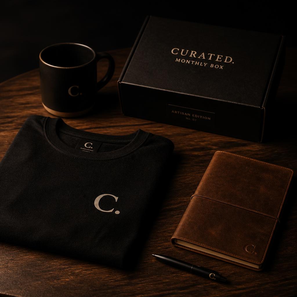Monthly branded merch subscription box — custom tee, notebook, mug, and stickers laid out flat
