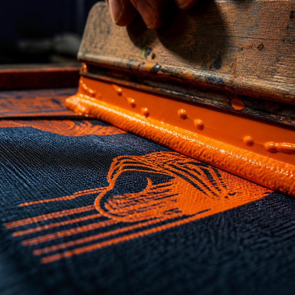 Macro detail of orange screen printing ink being pulled with a squeegee