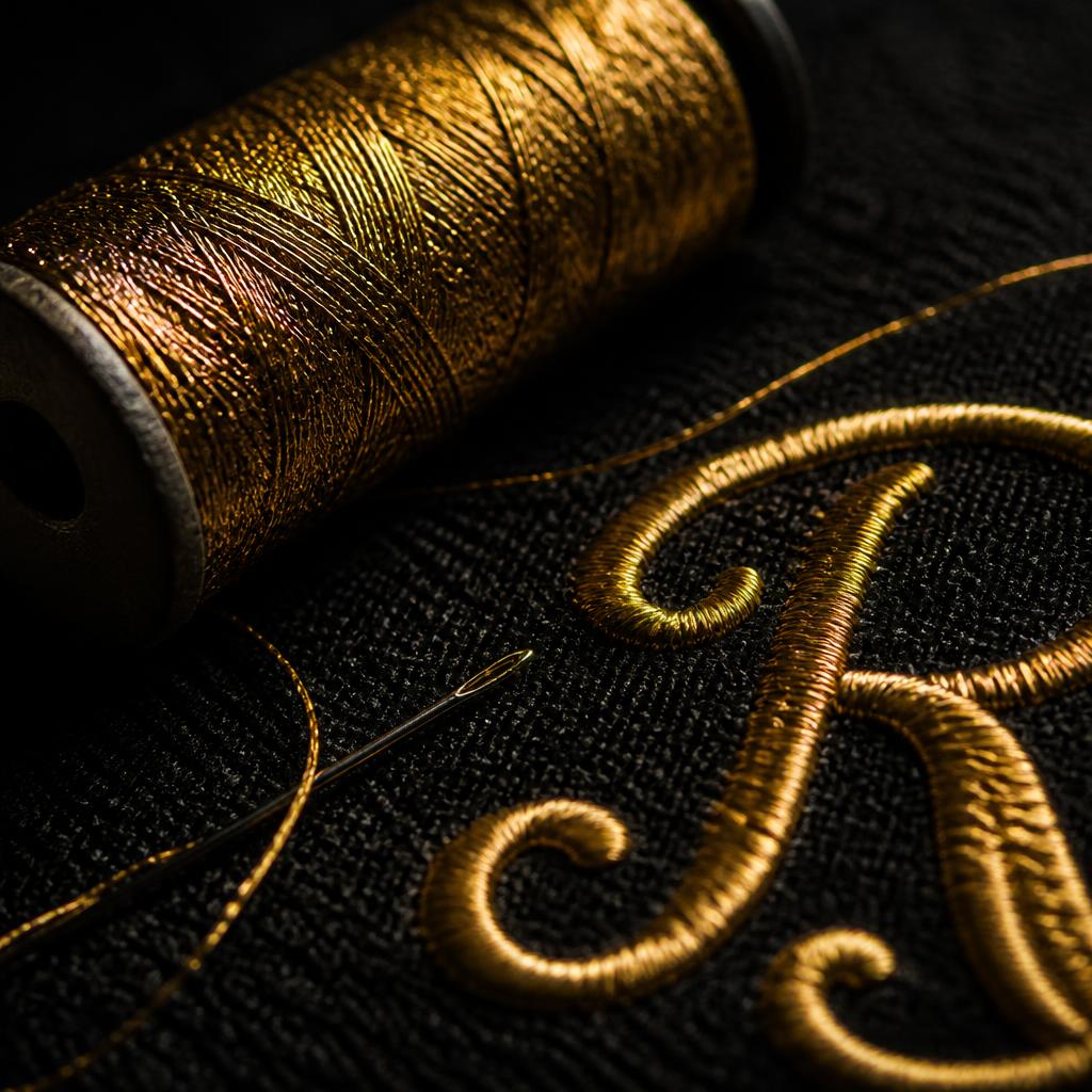 Macro detail of gold embroidery thread on charcoal fabric