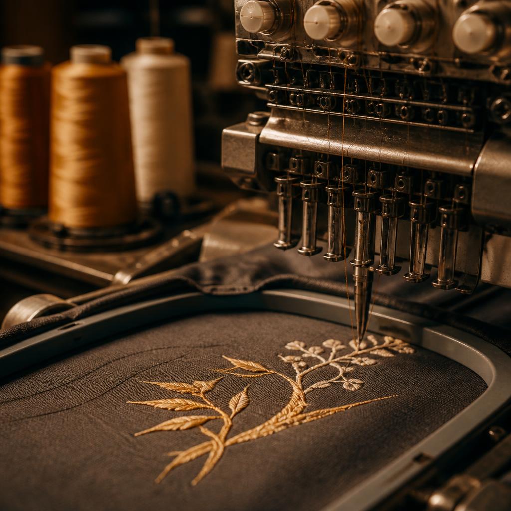 Close-up of a multi-needle embroidery machine stitching gold thread into a charcoal garment