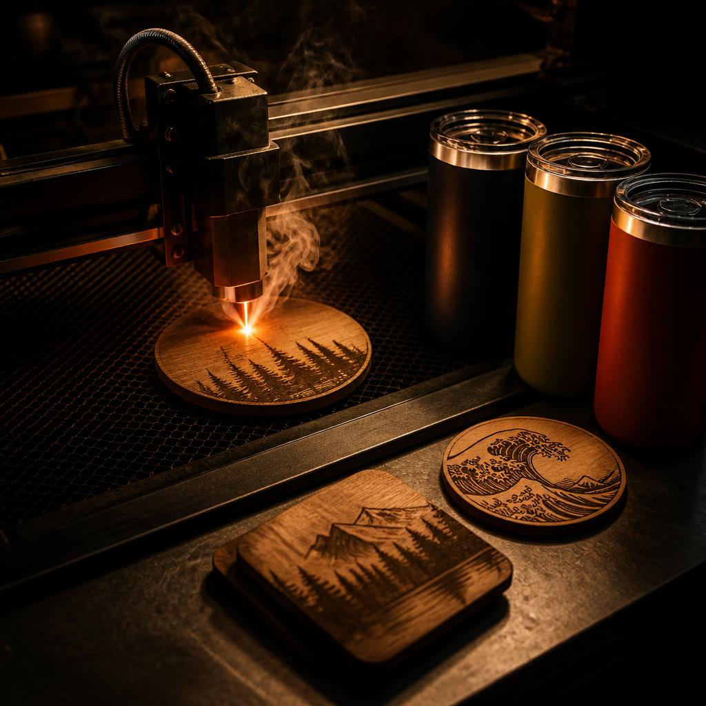 CO2 laser engraver marking a wooden coaster with anodized tumblers on the bench