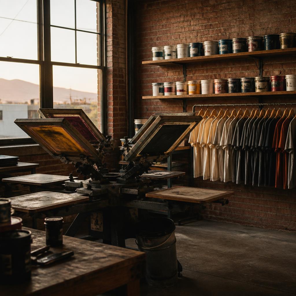 Manual four-station screen printing carousel with ink shelves and blank tees in the Mile High Custom Prints studio