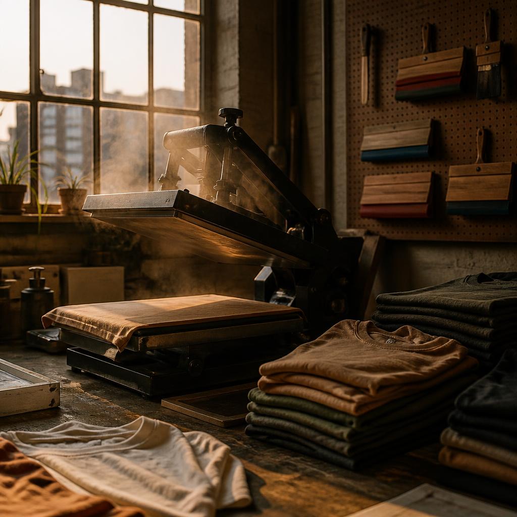 Heat press mid-cycle beside folded, freshly printed t-shirts on the workbench at dusk