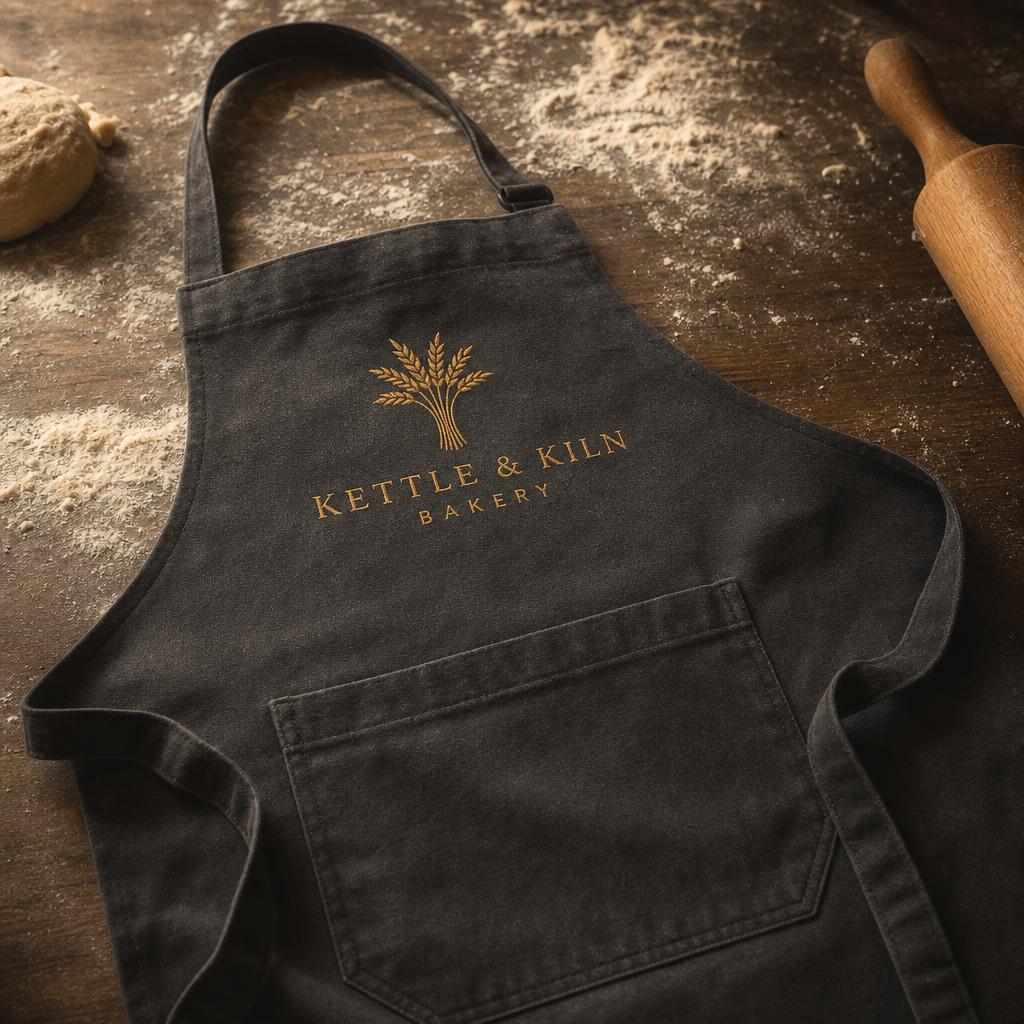 Charcoal bakery apron with a gold-thread embroidered logo on a floured wooden counter