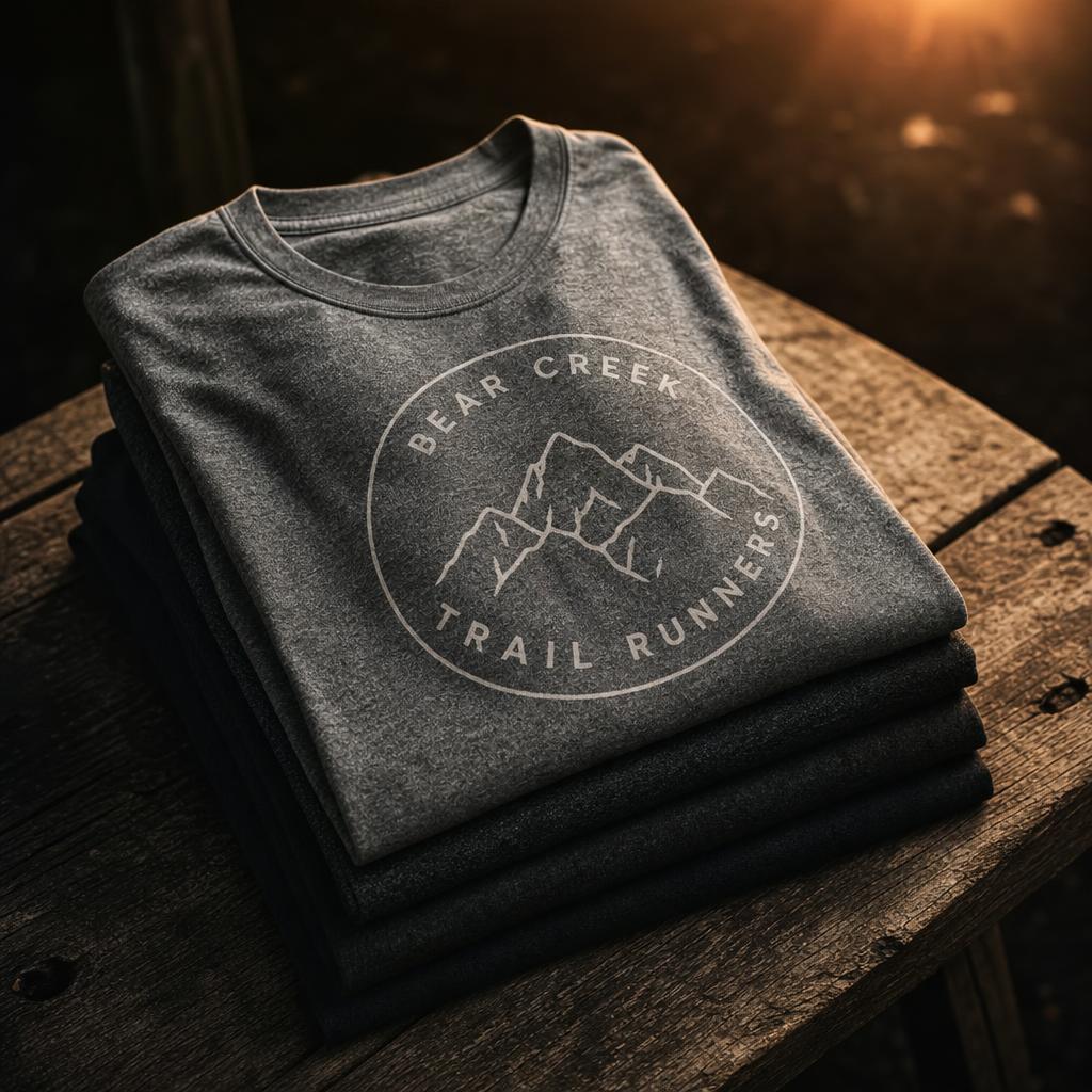 Stack of folded tri-blend trail-running tees with a DTF mountain print on top