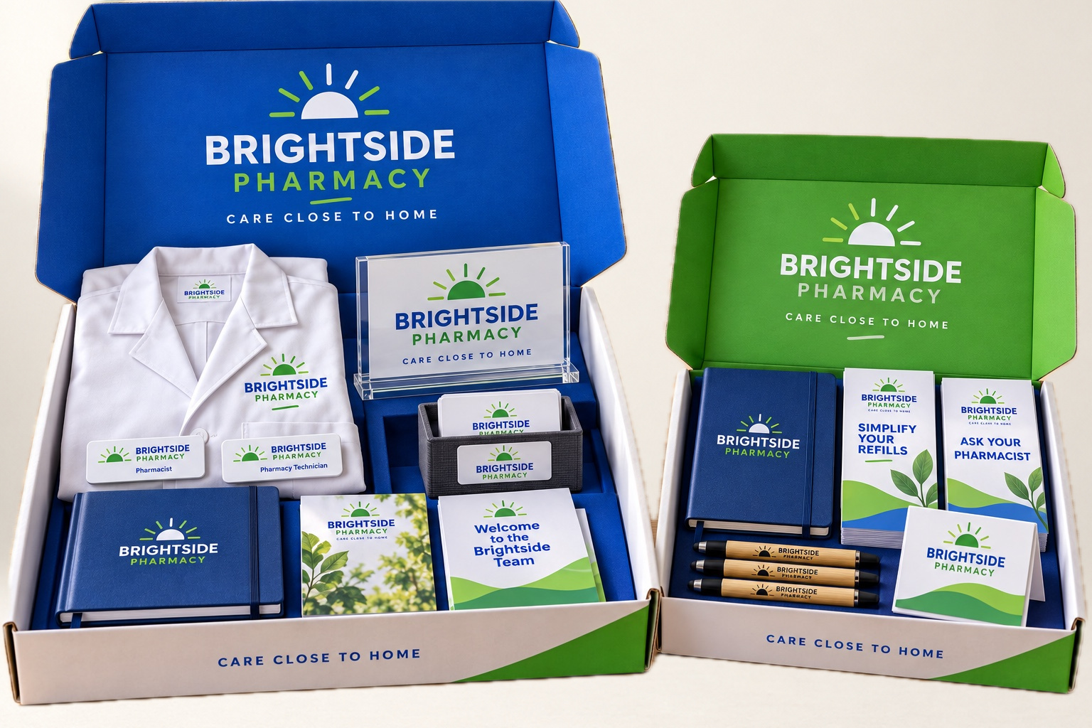Independent pharmacies package: startup box on the left and monthly campaign box on the right